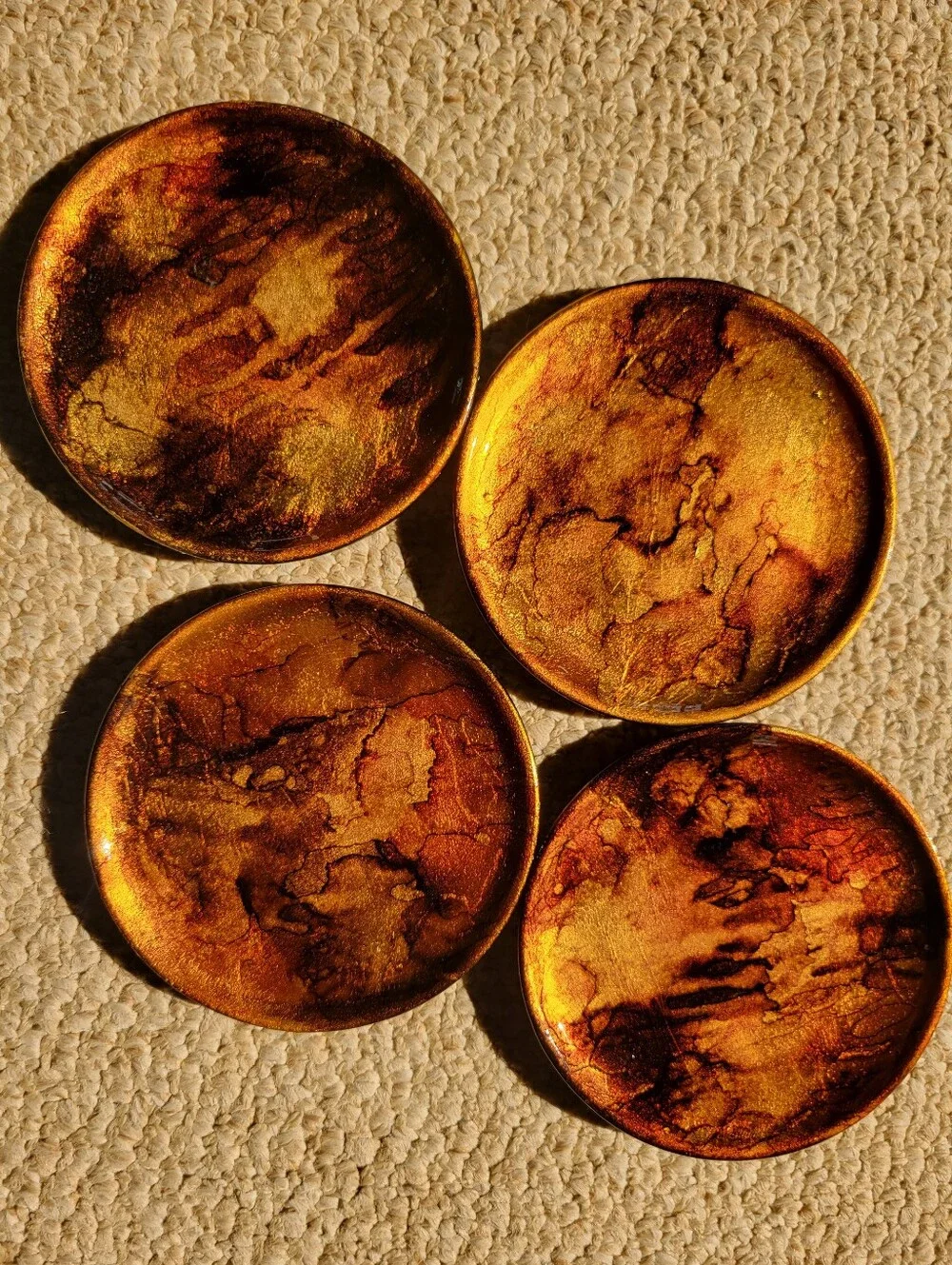 Vintage Glossy Metallic Marble Lacquer Look Gold & Copper Tone Coasters (4)